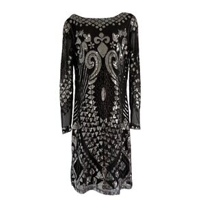 IZACU FLOCC Black Sequined Evening Dress Women's Size Medium Long Sleeves
